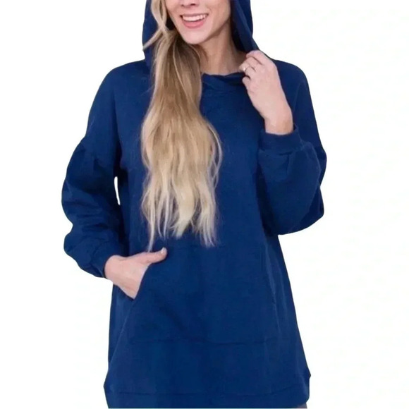 Agnes & Dora Blue Pullover Hoodie with Pockets Puff Sleeves Color is Blue Berry - Picture 1 of 3